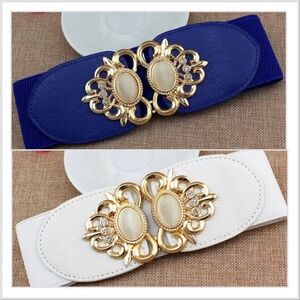 White & Blue Elastic Leather Gemstone Wide Fashion Belt Set of 2